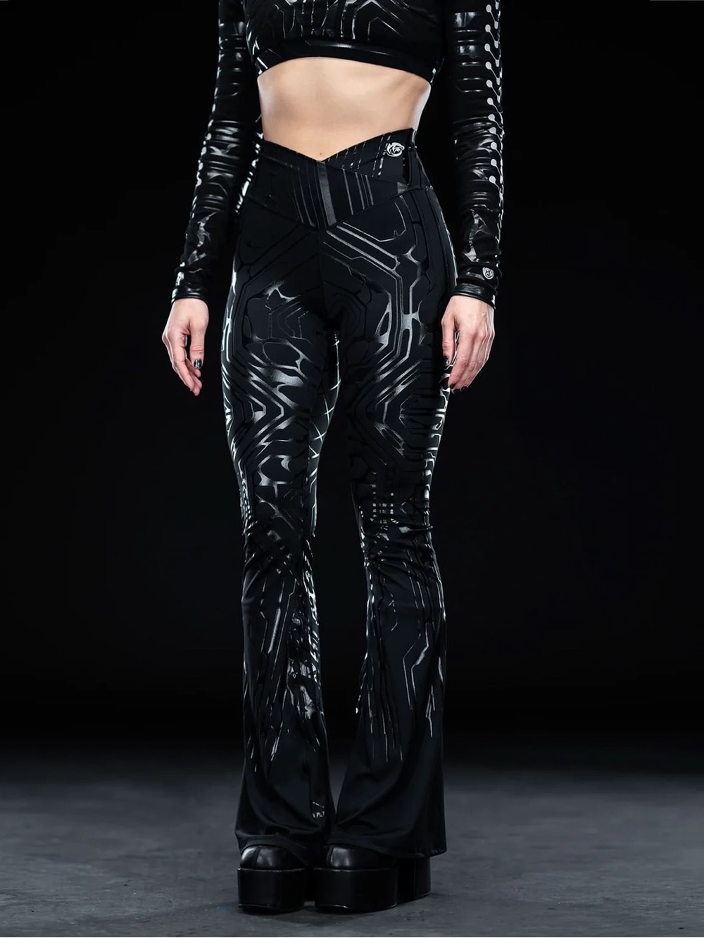 Sculpted Black Patterned Flared Pants for Raves & Festivals